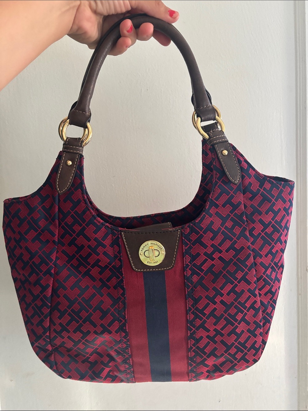 Tommy Hilfiger Red & Navy Monogram Shoulder Bag with Brown Trim